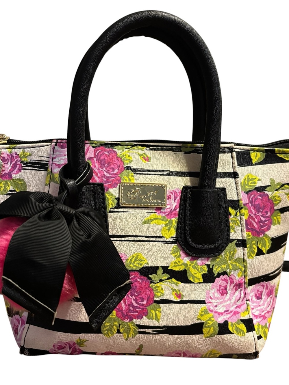 Betsey Johnson Tote Bag Black and White Striped with Black Bow Pink Pom